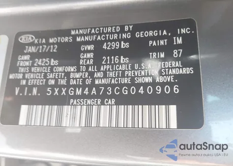 2012 Kia Optima Lx z USA, uszkodzony, nr VIN 5XXGM4A73CG040906